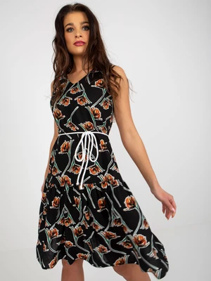 Black linen floral dress with frills