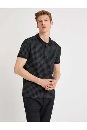 Pánské černé kostkované bavlněné slim fit tričko s rolákem.