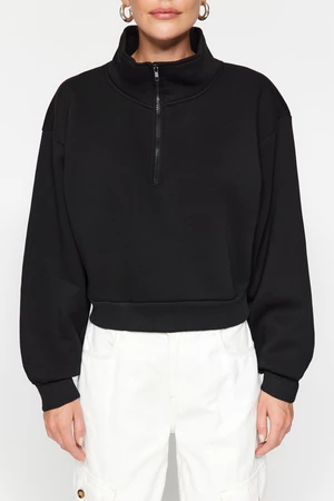 Trendyol Black Relaxed-Cut Crop Basic Zipper Stand-Up Collar Thick Fleece Inner Knitted Sweatshirt