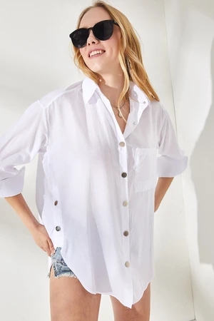 Olalook Women's White Oversized Woven Shirt with Buttons at the Sides