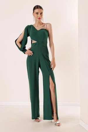 By Saygı Single Sleeve Stony Rope Strap Decollete Decollete Crepe Jumpsuit with Slit Leg