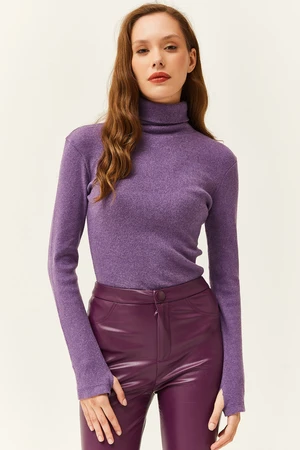 Olalook Women's Purple Turtleneck Finger Detailed Lycra Blouse