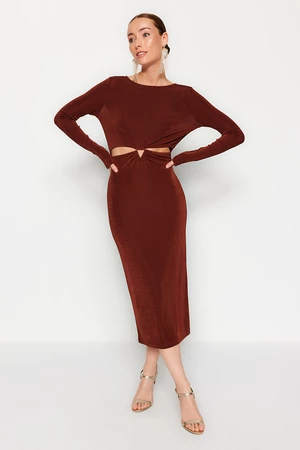 Trendyol Brown Fitted Knitted Window/Cut Out Detailed Evening Dress
