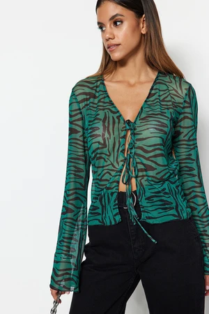 Trendyol Green Animal Patterned Lace-up Detailed Tulle Stretch Knitted Blouse