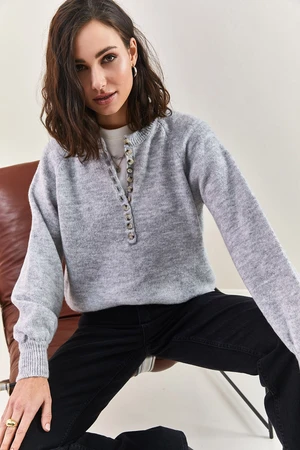 Bianco Lucci Women's Button Down Turtleneck Knitwear Sweater