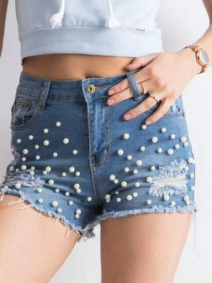 Blue jean shorts with pearls