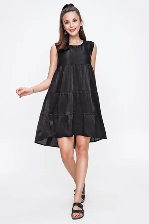 By Saygı Women's Black Ruffled Trim Cotton Satin Sleeveless Dress