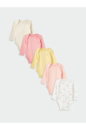 LC Waikiki Crew Neck Long Sleeved Baby Girl Body With Snap Buttons, 5 Pack