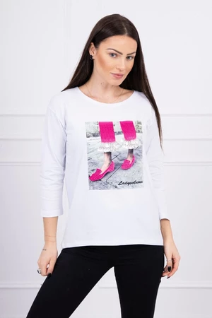 Blouse with 3D graphics with zircons white