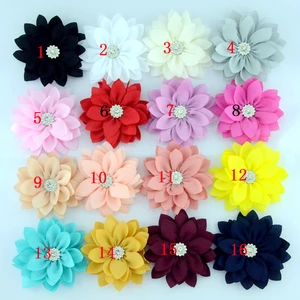 New 5pcs/lot 3.6" Lotus Chiffon Flowers With Button for Children Baby Headband Clips Diy Kids Girls Women Hair Accessories