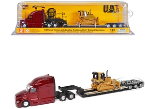 Peterbilt 579 UltraLoft Tandem Tractor Red Metallic with Lowboy Trailer and CAT D5M Dozer Yellow 1/87 (HO) Diecast Model by Diecast Masters