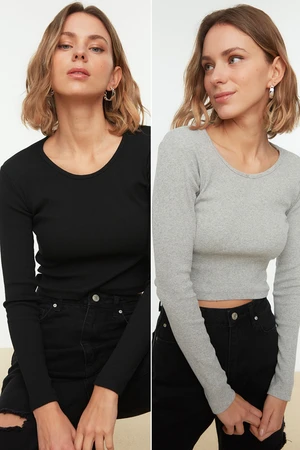 Trendyol Black-Grey 2-Pack Fitted Wide Collar Corduroy Stretchy Crop Knitted Blouse