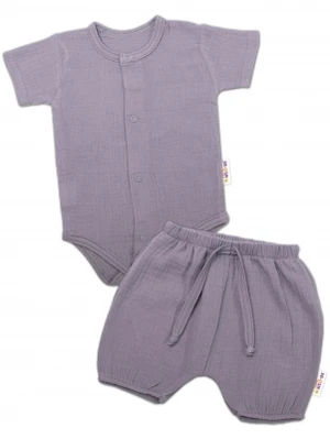 Baby Nellys 2-dílná mušelínová soupravička, body kr.rukáv + kraťasky BOY, šedá, vel. 56 (1-2m)