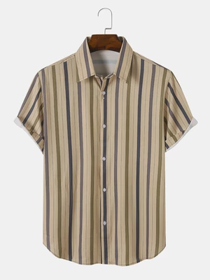 Men Striped Print Front Buttons Curved Hem Comfy All Matched Shirts