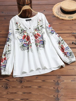 Casual Floral Print V-neck Long Sleeve Elastic Cuffs Ethnic Style Loose Button Blouse