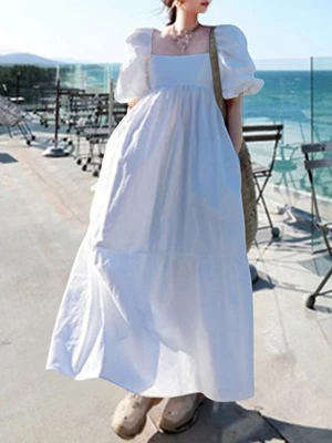 Women 100% Cotton Puff Sleeve Square Neck Maxi Dresses With Side Pocket