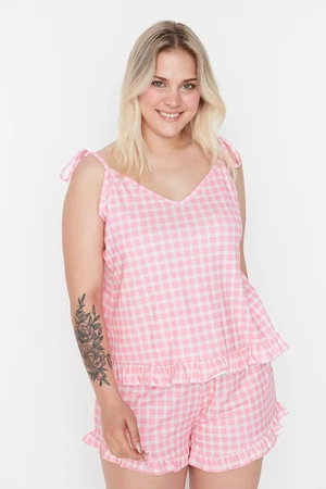 Trendyol Curve Plus Size Knitted Pajamas with Printed Straps