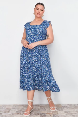 Trendyol Curve Navy Blue A-Line Midi Ruffled Floral Pattern Woven Dress