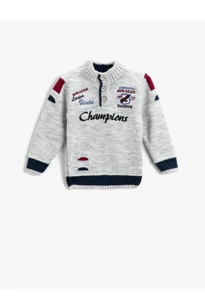 Koton Embroidered Letter Collar Buttons Sweater