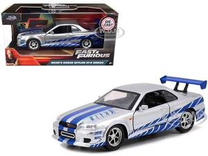 Brians Nissan Skyline GT-R (R34) Silver with Blue Stripes "Fast &amp; Furious" Movie 1/32 Diecast Model Car by Jada