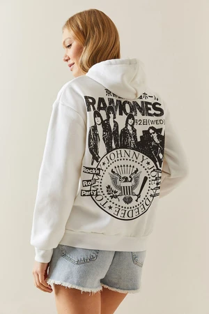 XHAN White Raising & Printed Back Hooded Sweatshirt
