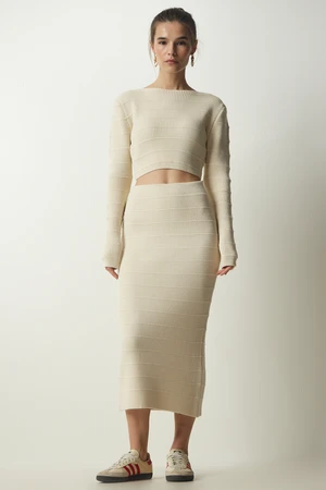 Happiness İstanbul Women's Cream Ribbed Crop Knitwear Sweater Skirt Suit