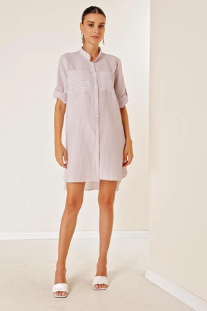 By Saygı Lilac Double Pocket Front Short Back Long Stripe Short Sleeve See-through Dress.