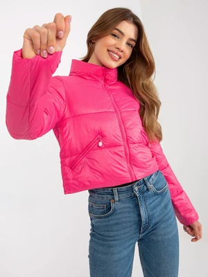 Dark pink short transitional quilted jacket with pockets