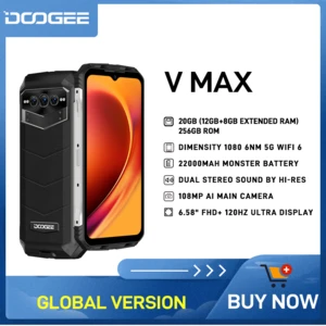 DOOGEE V Max 5G Rugged Phone 6.58" 120Hz Dimensity 1080 Hi-Res 108MP AI Main Camera 12GB + 256GB 22000mAh Battery Phone