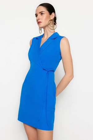 Trendyol Blue A-line / Bell Form Tie Szczegółowa mini tkana sukienka z marynarką