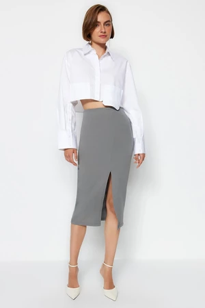 Trendyol Gray Textured Crepe Pencil Skirt with a Slit in the Front, Flexible Knitted Skirt