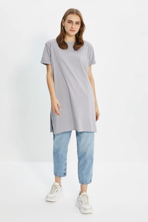 Trendyol Gray 100% Cotton Basic Short Sleeve Slit Single Jersey T-Shirt