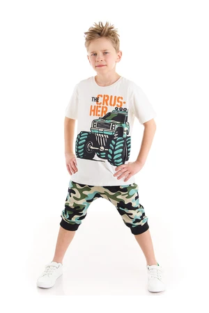 Mushi Monster Car Boys Kids Combed Cotton Combed T-shirt with Camouflage Capri Shorts Set.