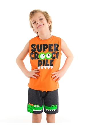 Denokids Crocodile Trousers Boys Cotton Combed Cotton T-shirt Orange With Gray Shorts Set.