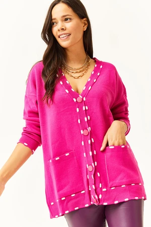 Olalook Women's Fuchsia Spotted Pocket Oversize Knitwear Cardigan
