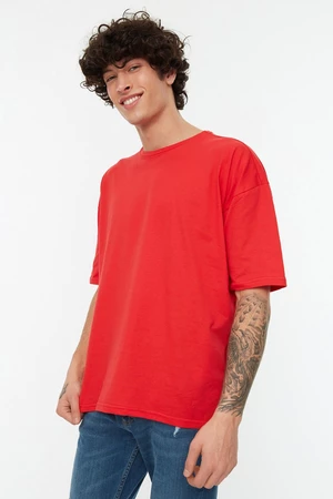 Trendyol Red Men's Basic 100% Cotton Crew Neck Oversized Short Sleeved T-Shirt