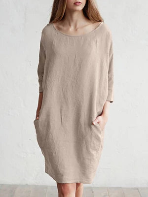 Solid Color 3/4 Sleeve O-neck Pocket Cotton Dress
