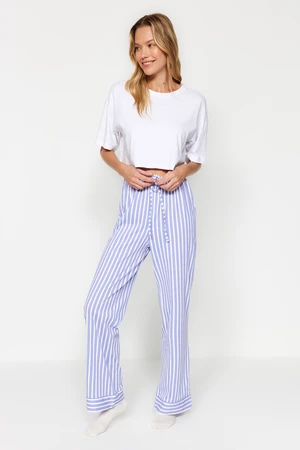 Trendyol Biało-Niebieskie 100% bawełniane spodnie od piżamy w paski