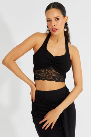 Cool & Sexy Women's Black Lace Detailed Crop Blouse B2549