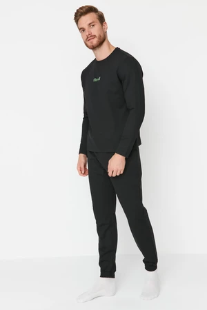 Trendyol Men's Black Slogan Printed 2 Thread Knitted Pajamas Set