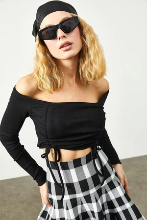 XHAN Women's Black Shirred Detailed Boat Collar Camisole Blouse