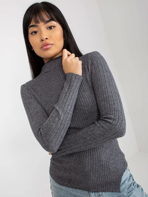 Dark grey ribbed asymmetrical sweater with stand-up collar