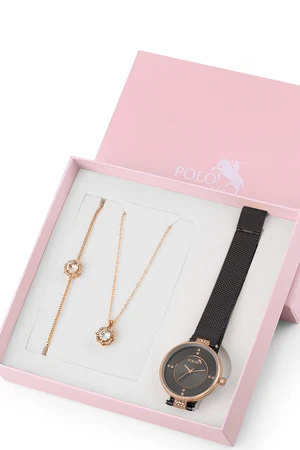 Polo Air Wicker Cord Women's Wristwatch Zircon Stone Necklace Bracelet Special Combination Set Black Color