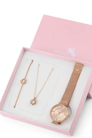 Polo Air Wicker Cord Women's Wristwatch Zircon Stone Necklace Bracelet Special Combination Set Copper Color