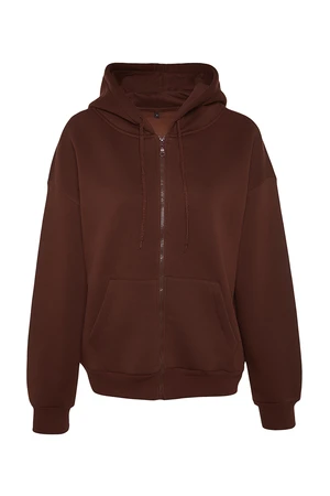 Trendyol Brown Oversize/Comfortable Fit Basic Hooded Knitted Sweatshirt with Fleece Inside