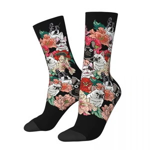 Happy Funny Men's Socks Flowers Vintage Harajuku French Bulldog Strong Mini Dog Hip Hop Novelty Casual Crew Sock Gift Printed