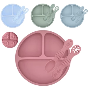 3Pcs Baby Safe Silicone Suction Dining Plate Learning Spoons Set Feeding Toddler Training Tableware Retro Kids Smile Face Plate