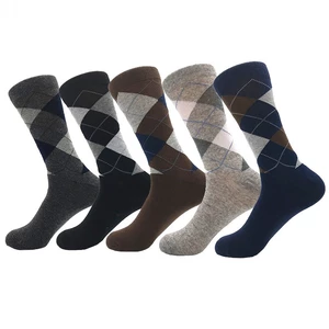5 Pairs/Pack Cassic Retro Fashion Men Socks Combed Cotton Rhombus Solid Color Argyle Casual Business Dress Party Socks