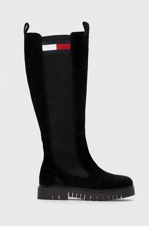 Kozačky Tommy Jeans TJW LONG SHAFT SUEDE BOOT dámské, černá barva, na plochém podpatku, EN0EN02412