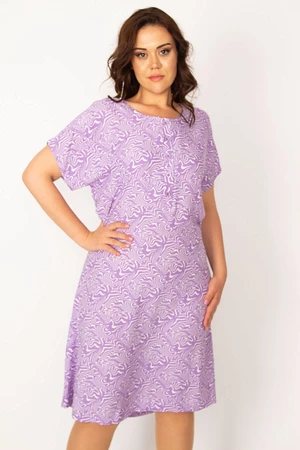 Şans Women's Plus Size Lilac Weave Viscose Fabric Front Patties with Buttons and a Belted Waist Dress